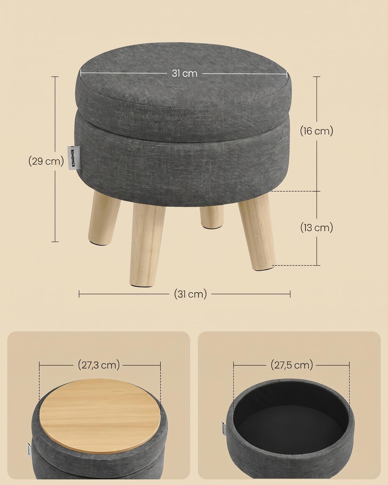 songmics-sitzhocker-mit-stauraum-maceo-rund-31-x-31-x-29-cm-9l-bleigrau image 2