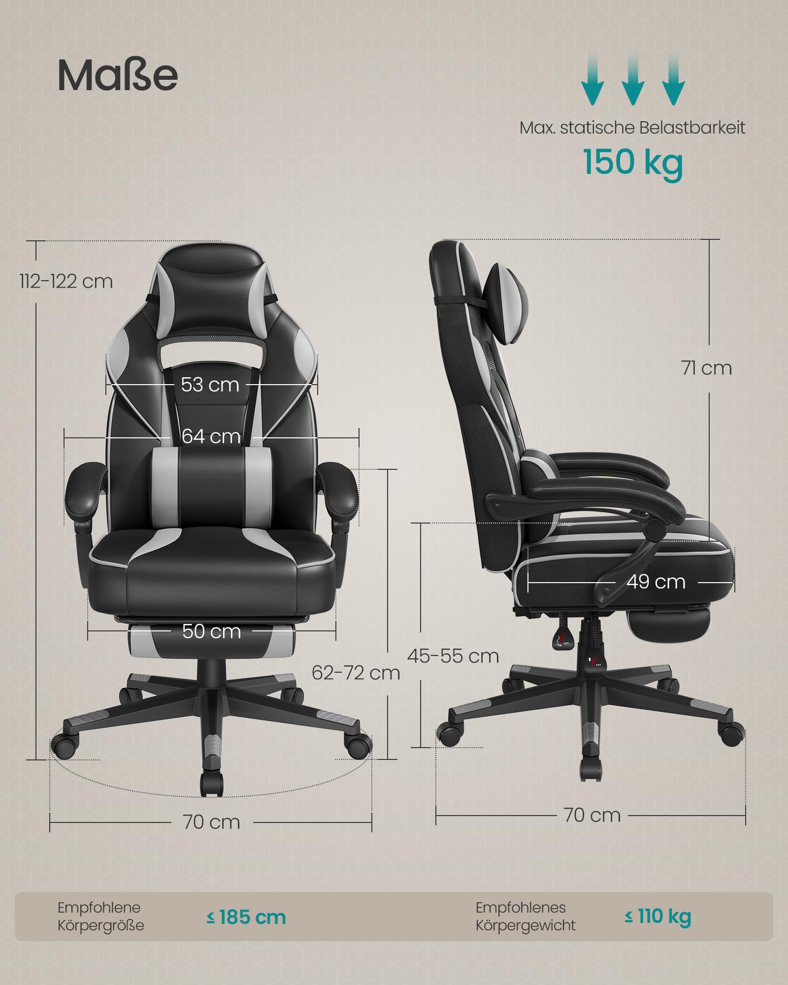 songmics-gaming-stuhl-b-rostuhl-mit-fu-st-tze-bis-150-kg-tintenschwarz-taubengra image 3