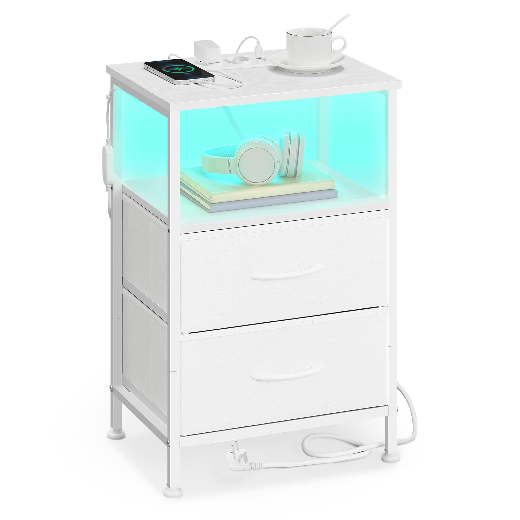songmics-nachttisch-vintagebraun-schwarz-mit-steckdose-und-led-2-schubladen image 6
