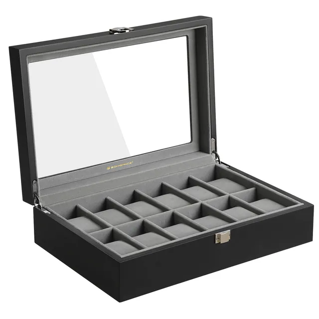 songmics-uhrenbox-12-f-cher-holz-schwarz-mit-glasdeckel-jow12bk image 1