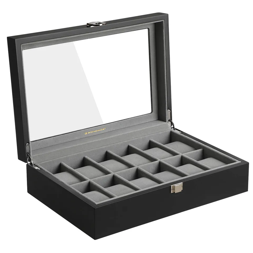 songmics-uhrenbox-12-f-cher-holz-schwarz-mit-glasdeckel-jow12bk image 1