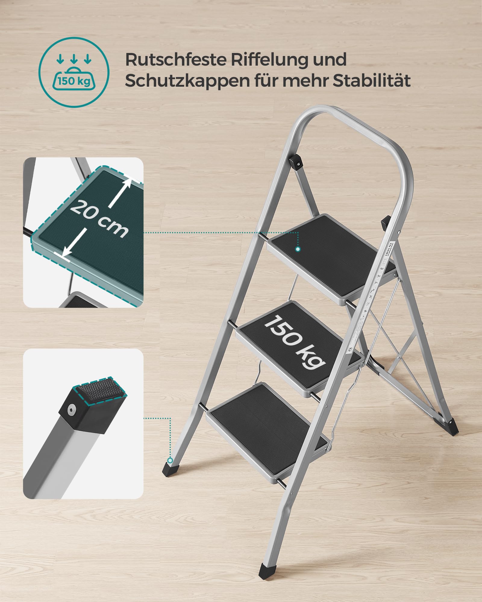 songmics-trittleiter-gsl003gy01-mit-3-stufen-klappbar-taubengrau image 5