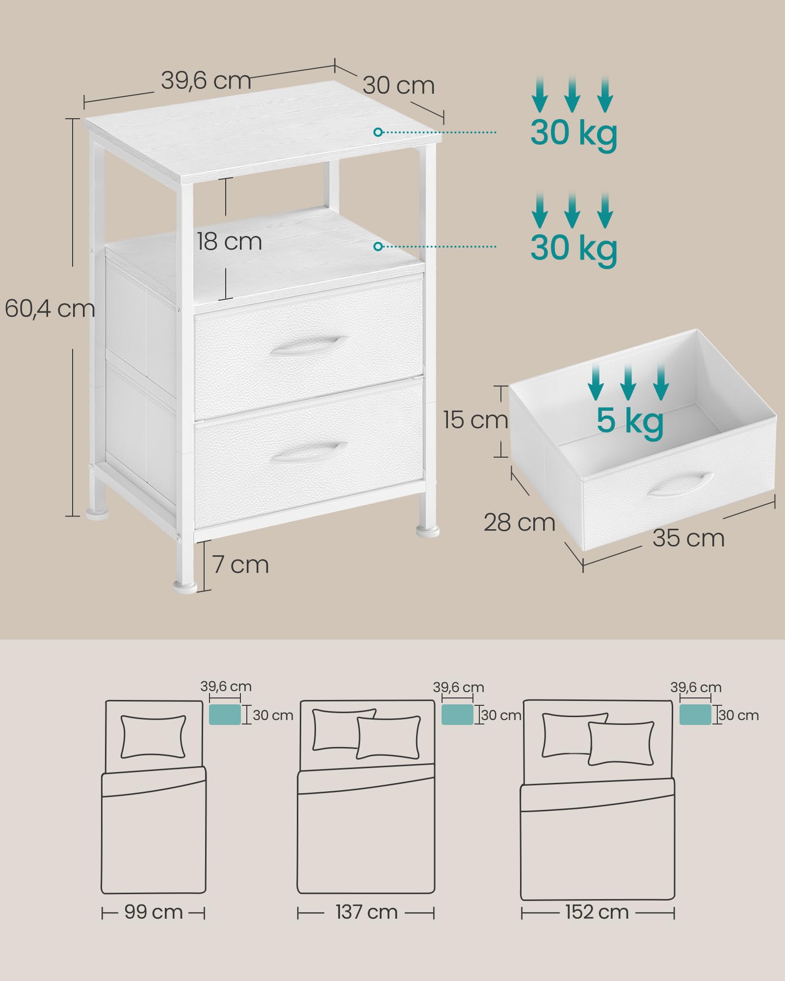 songmics-nachttisch-beistelltisch-2-schubladen-stahl-39-6x30x60-4cm-wolkenwei image 2