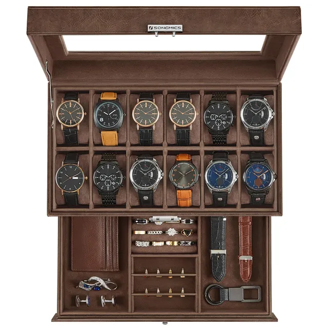 songmics-uhrenbox-jwb012k01-f-r-12-uhren-2-ebenen-mit-glasdeckel-braun image 1