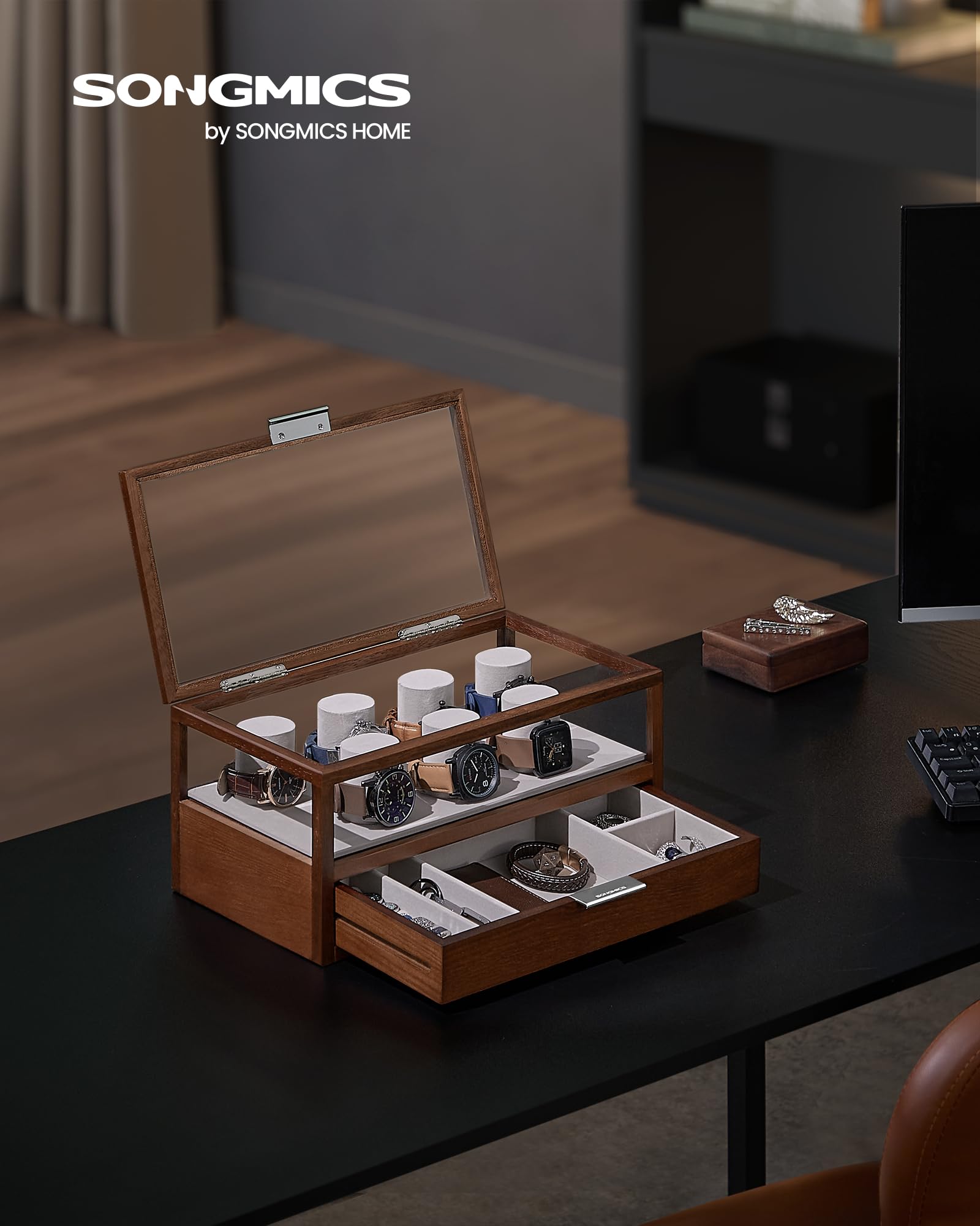 songmics-uhrenbox-2-ebenen-jow007k01-kaffeebraun-uhrenkasten-f-r-7-uhren-mit-acr image 3