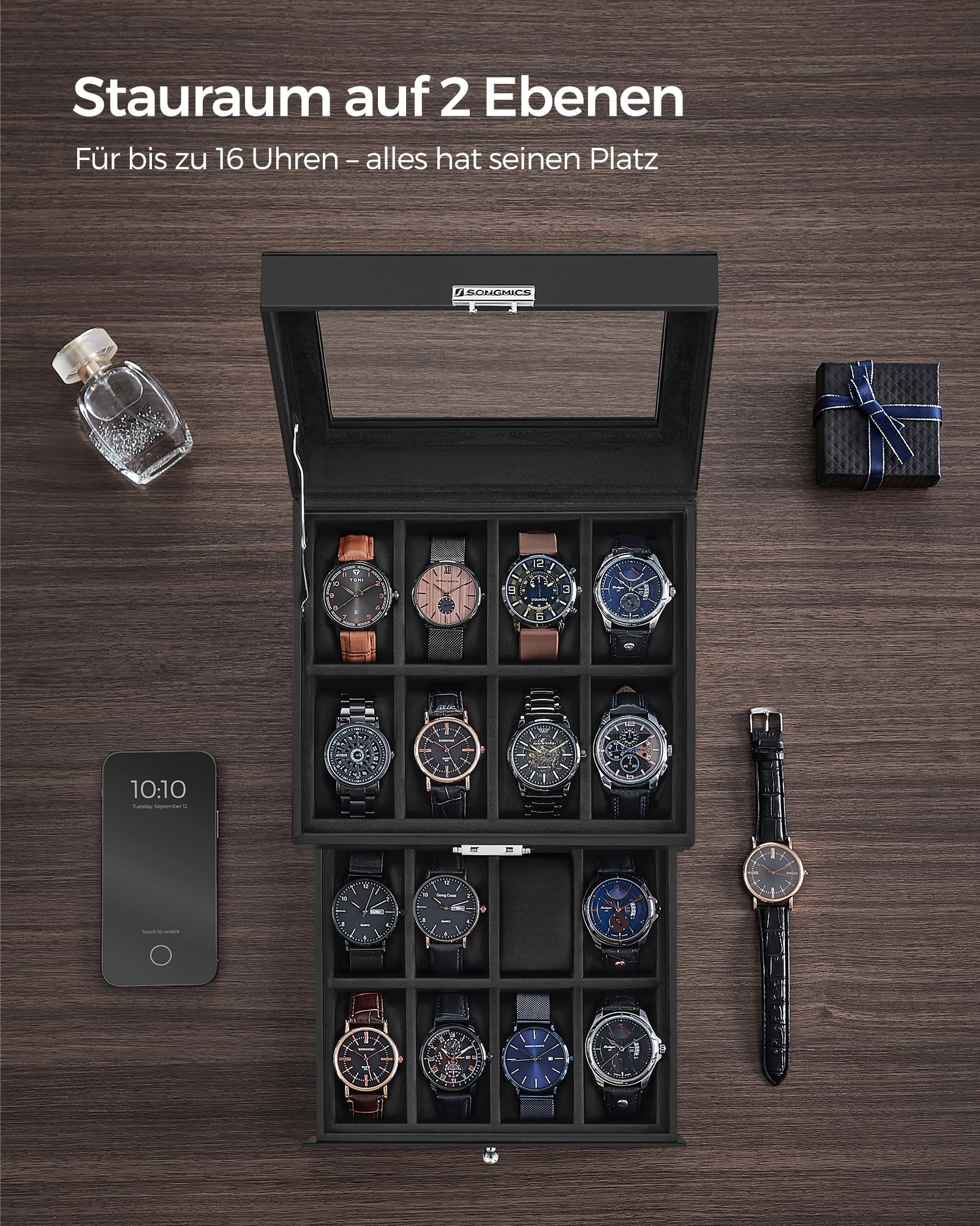 songmics-uhrenbox-2-ebenen-16-f-cher-glasdeckel-schwarz-jwb016b01 image 4