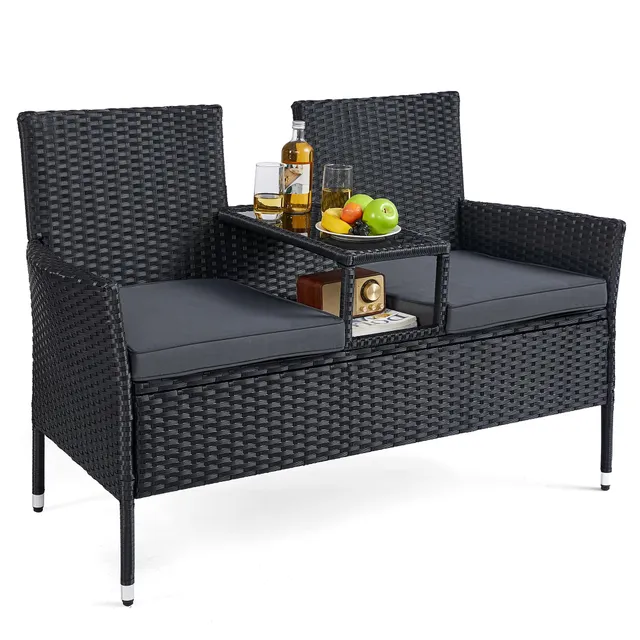 songmics-ggf022b01-balkonsofa-gartenbank-mit-tisch-pe-rattan-schwarz-dunkelgrau image 1