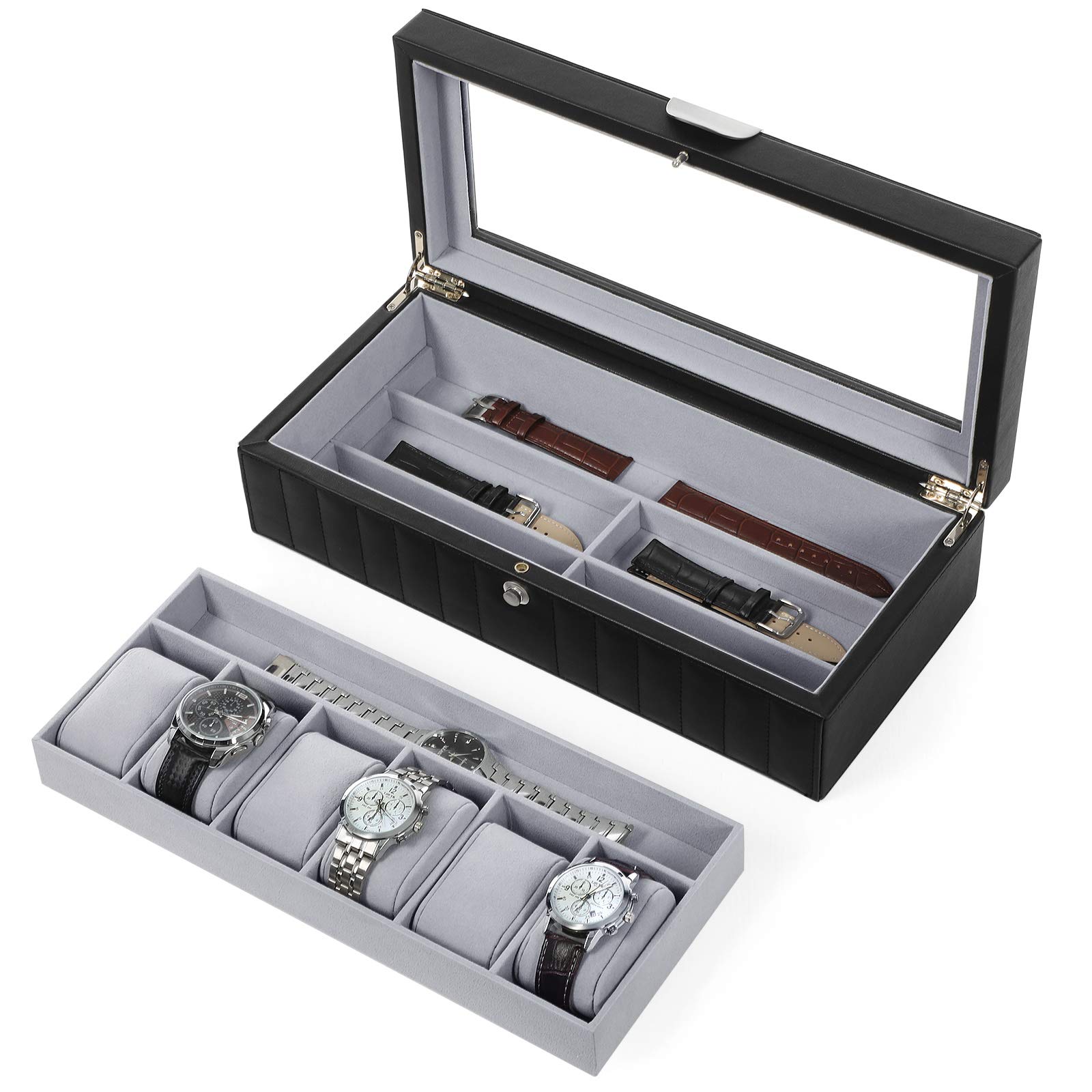 songmics-uhrenbox-jwb022bk-f-r-6-uhren-2-ebenen-glasdeckel-schwarz image 4