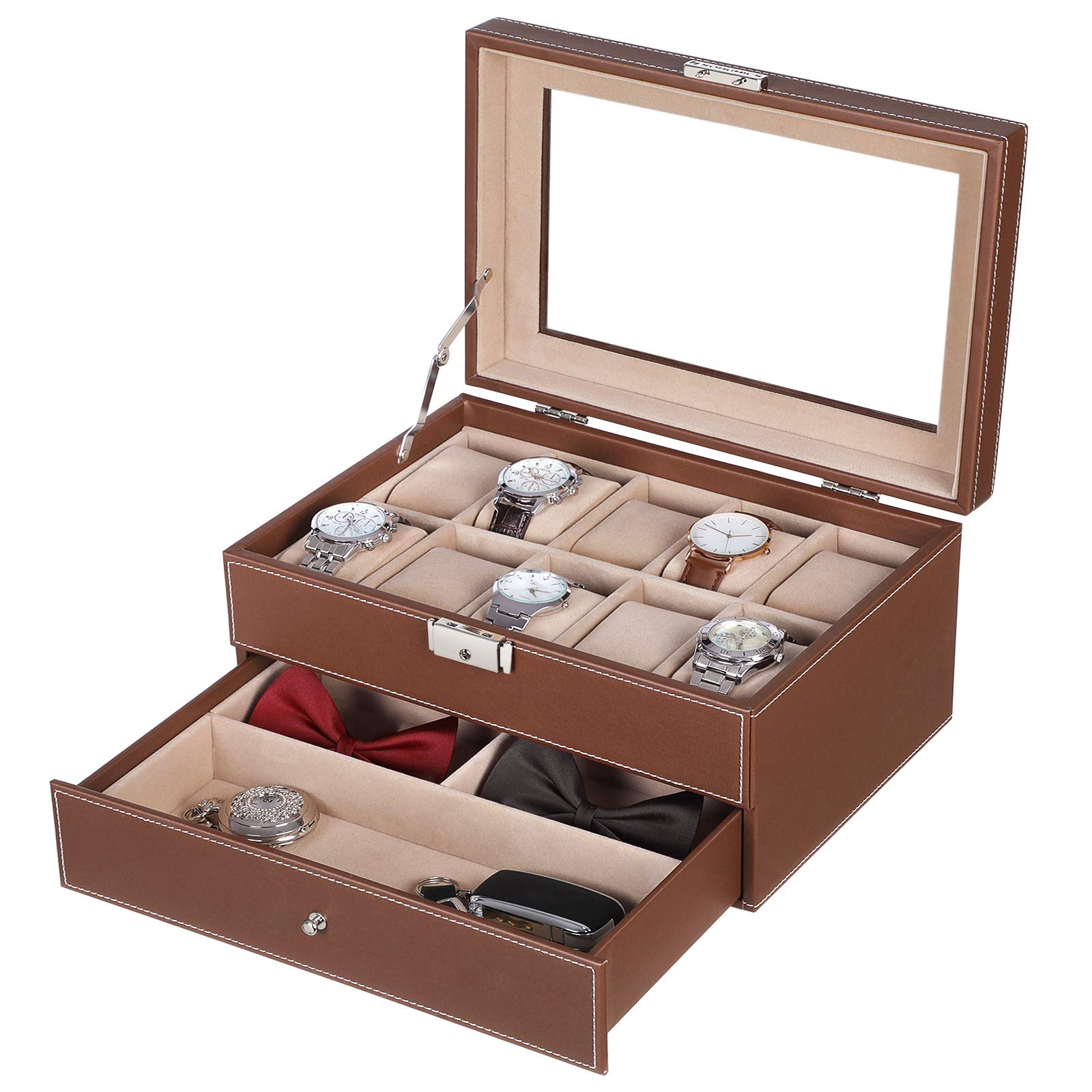 songmics-uhrenbox-f-r-10-uhren-mit-glasdeckel-und-schublade-braun image 4