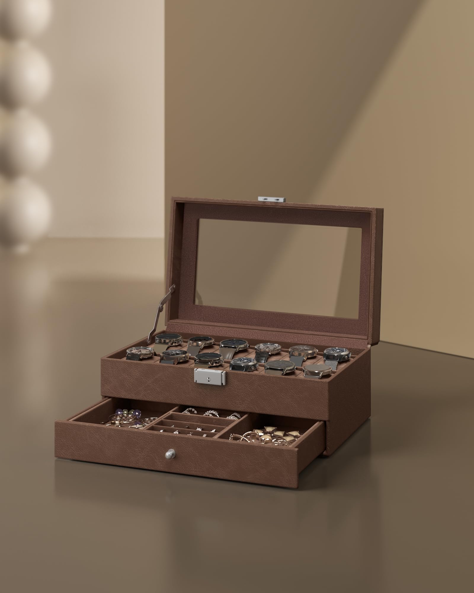 songmics-uhrenbox-jwb012k01-f-r-12-uhren-2-ebenen-mit-glasdeckel-braun image 8
