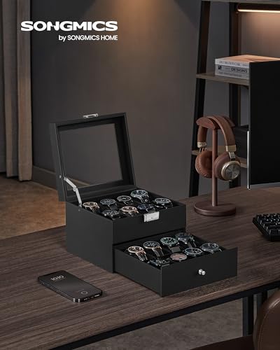 songmics-uhrenbox-2-ebenen-16-f-cher-glasdeckel-schwarz-jwb016b01 image 8