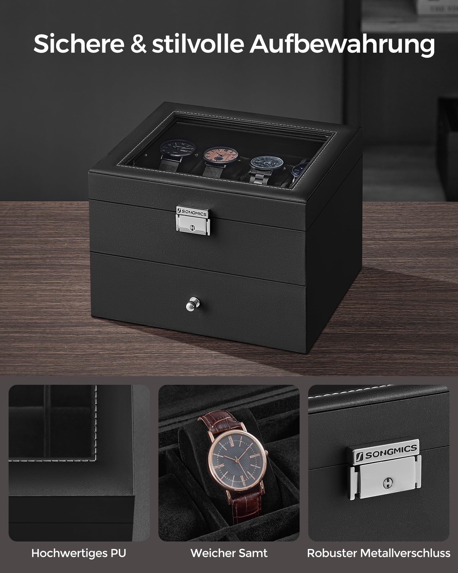 songmics-uhrenbox-2-ebenen-16-f-cher-glasdeckel-schwarz-jwb016b01 image 3
