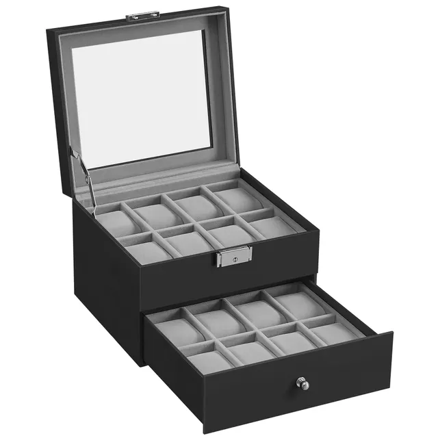 songmics-uhrenbox-jwb016g01-f-r-16-uhren-2-ebenen-glasdeckel-schwarz image 1