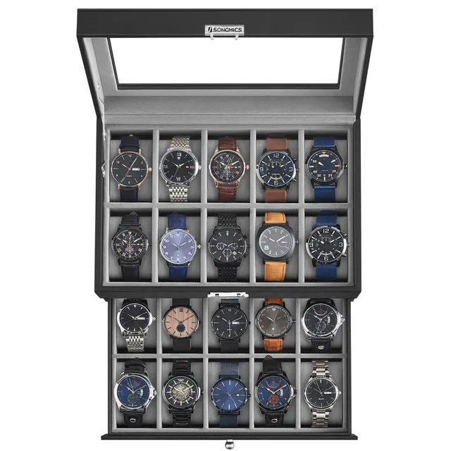 songmics-uhrenbox-jwb020-uhrenkasten-20-f-cher-2-ebenen-schwarz-grau-glasdeckel image 1