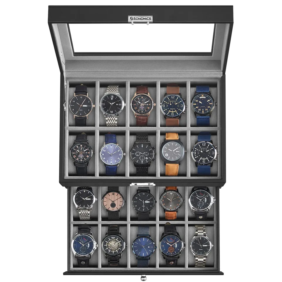 songmics-uhrenbox-jwb020-uhrenkasten-20-f-cher-2-ebenen-schwarz-grau-glasdeckel image 1