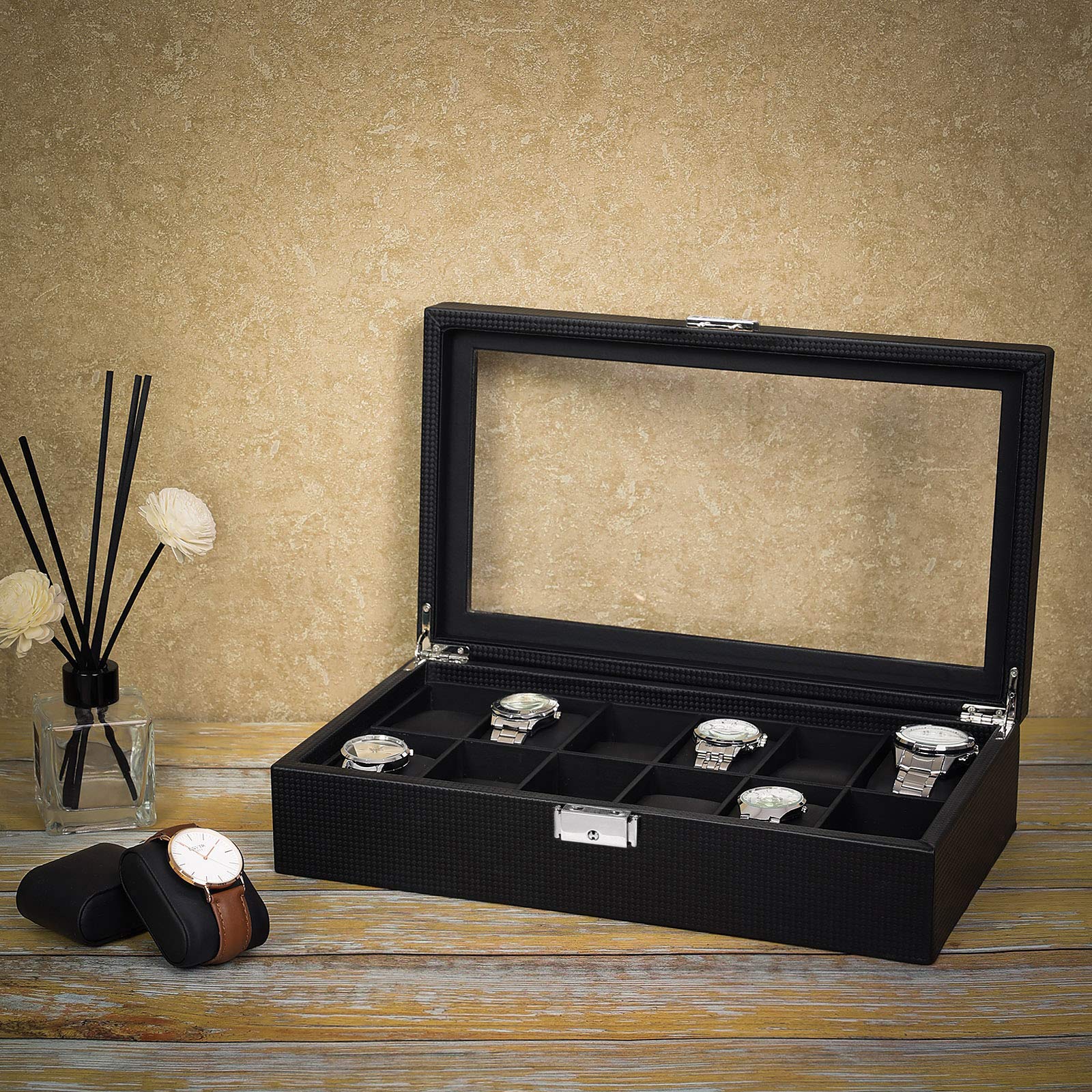 songmics-uhrenbox-12-f-cher-glasdeckel-schwarz-36-2-x-9-x-21-3-cm-jwb302h image 2