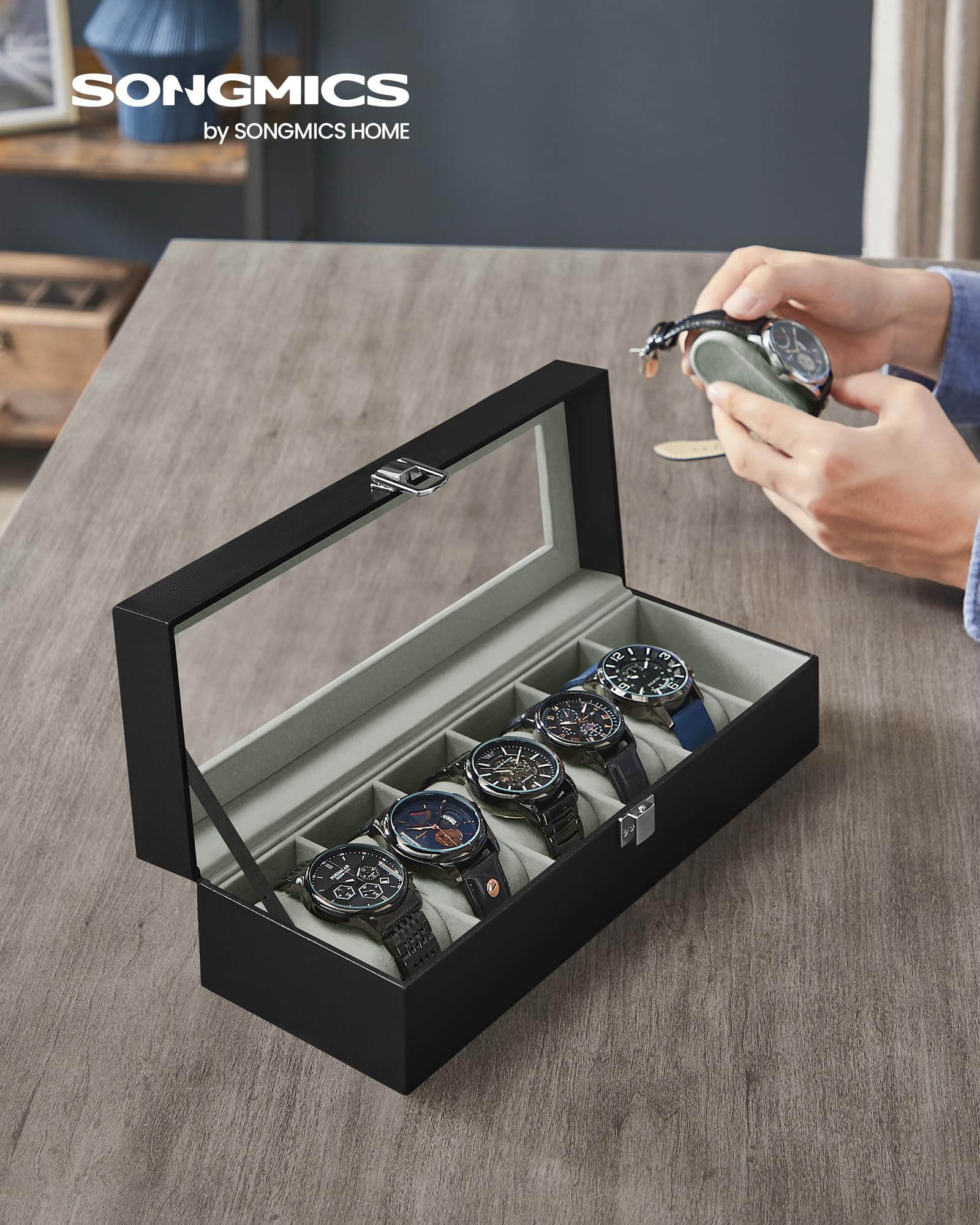 songmics-uhrenbox-jwb06bk-mit-6-f-chern-glasdeckel-schwarz image 2