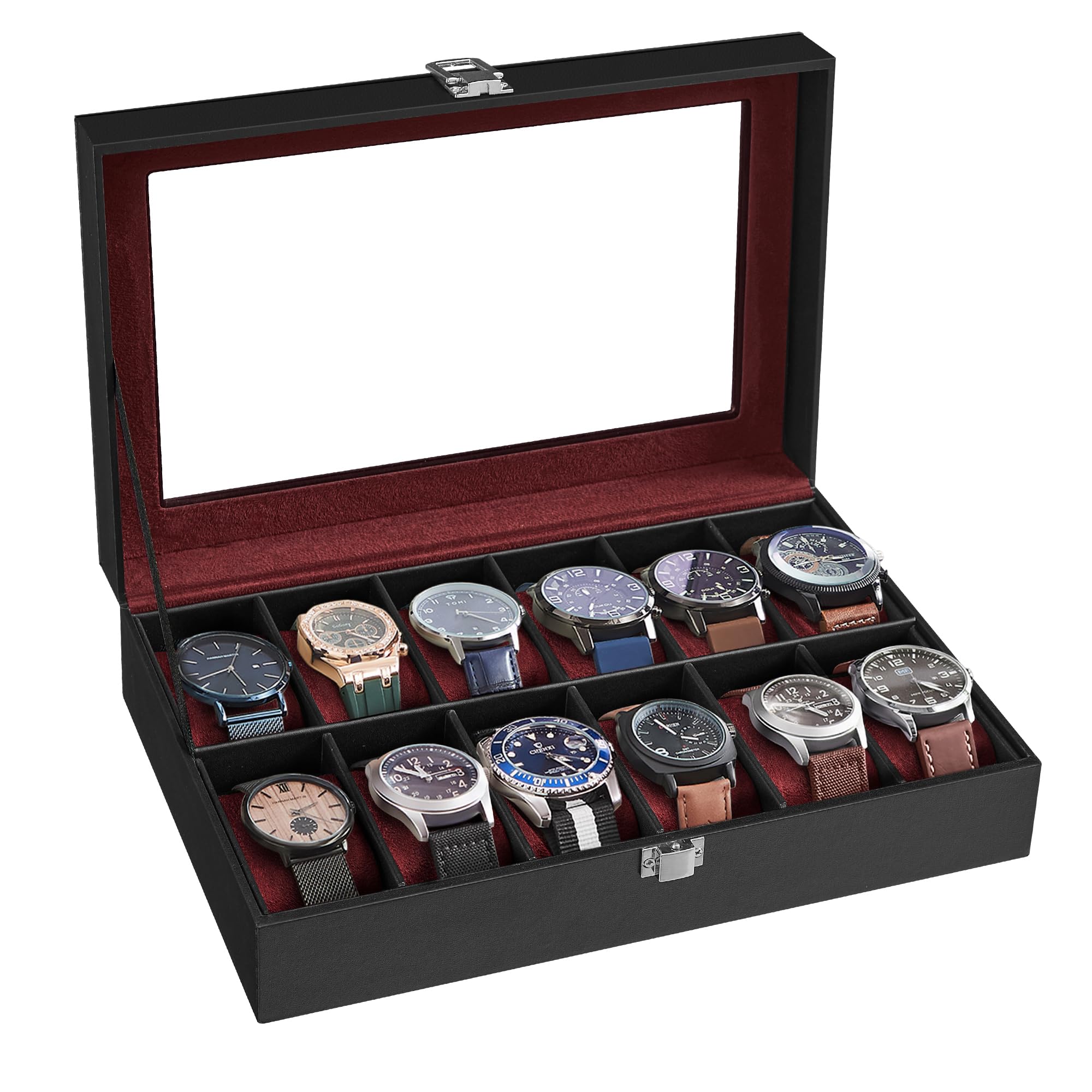 songmics-uhrenbox-12-f-cher-uhrenkasten-mit-glasdeckel-schwarz-jwb12b image 8