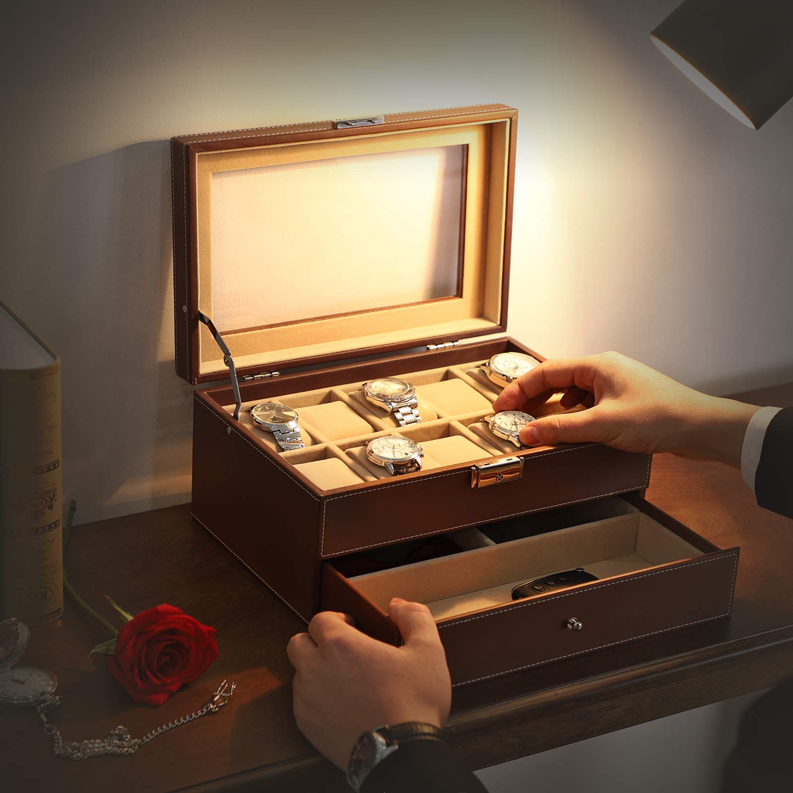 songmics-uhrenbox-f-r-10-uhren-mit-glasdeckel-und-schublade-braun image 2