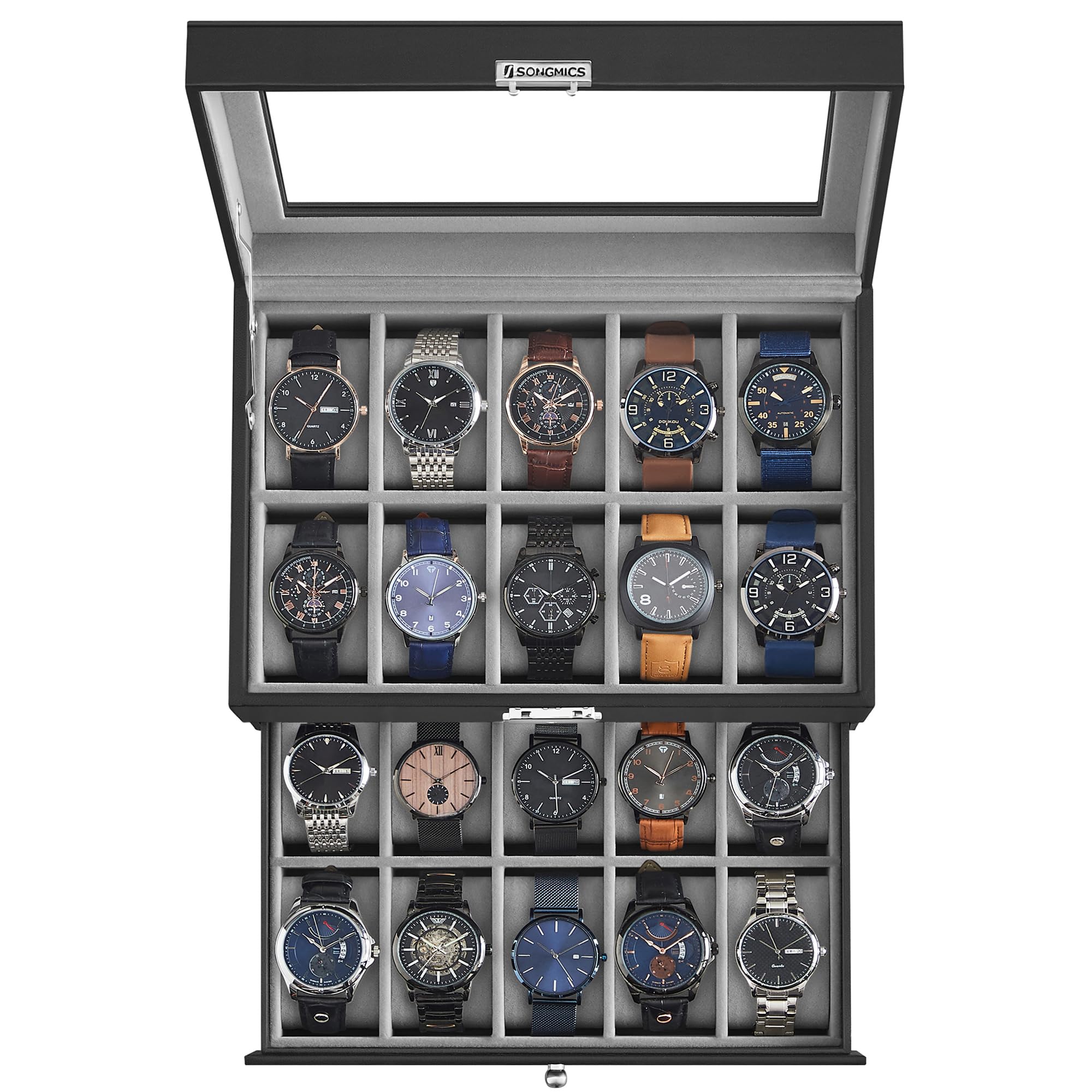 songmics-uhrenbox-jwb020-uhrenkasten-20-f-cher-2-ebenen-schwarz-grau-glasdeckel image 1