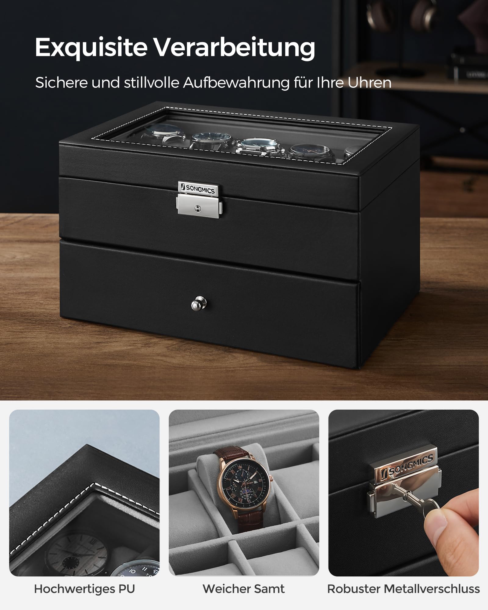 songmics-uhrenbox-jwb020-uhrenkasten-20-f-cher-2-ebenen-schwarz-grau-glasdeckel image 4