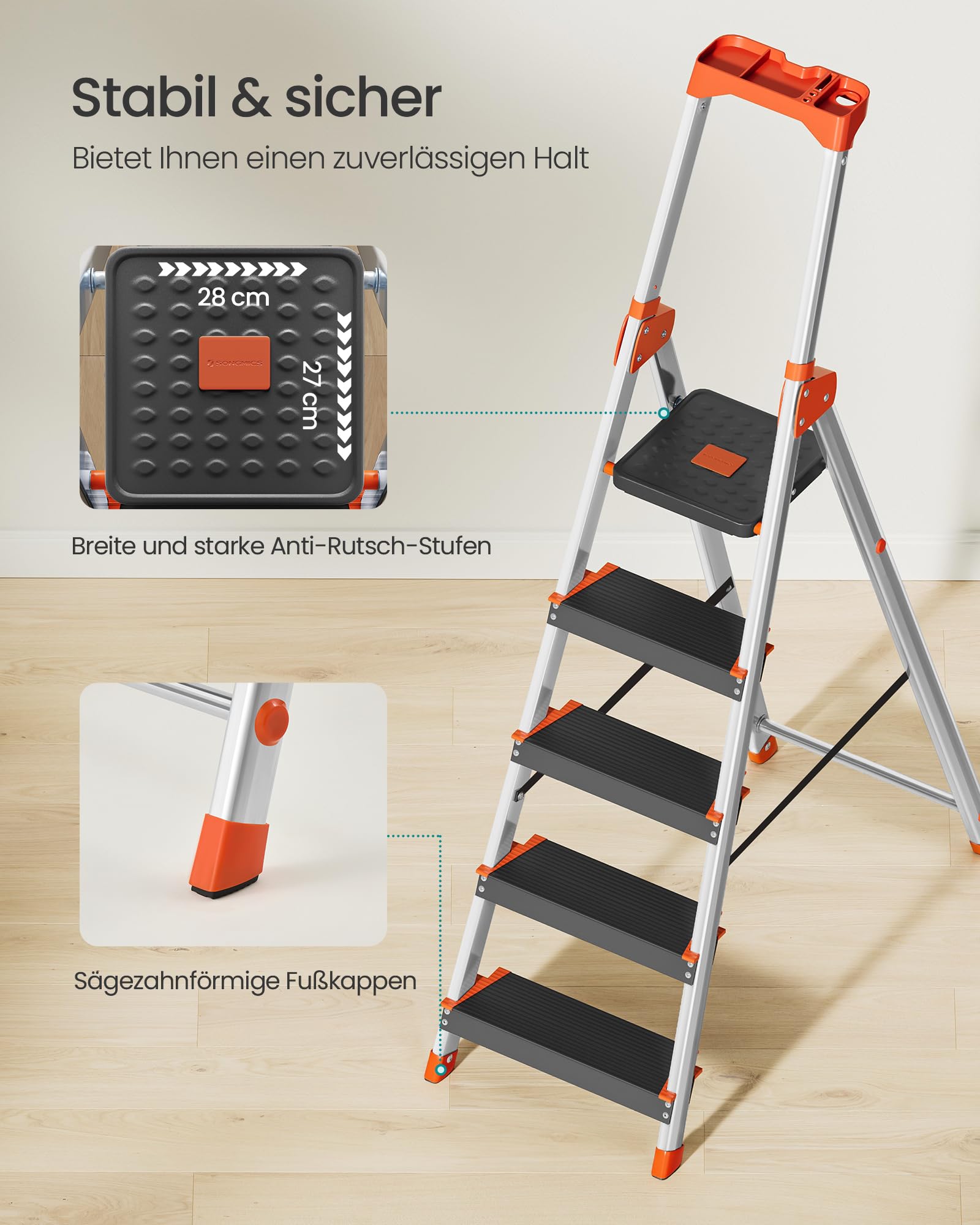 songmics-leiter-5-stufen-glt05bk-alu-schwarz-orange-150-kg image 5