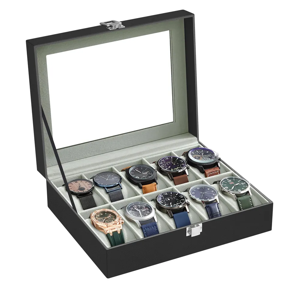 songmics-uhrenbox-mit-10-f-chern-jwb010bk-uhrenkasten-schwarz-aus-pu-mit-glasdec image 1