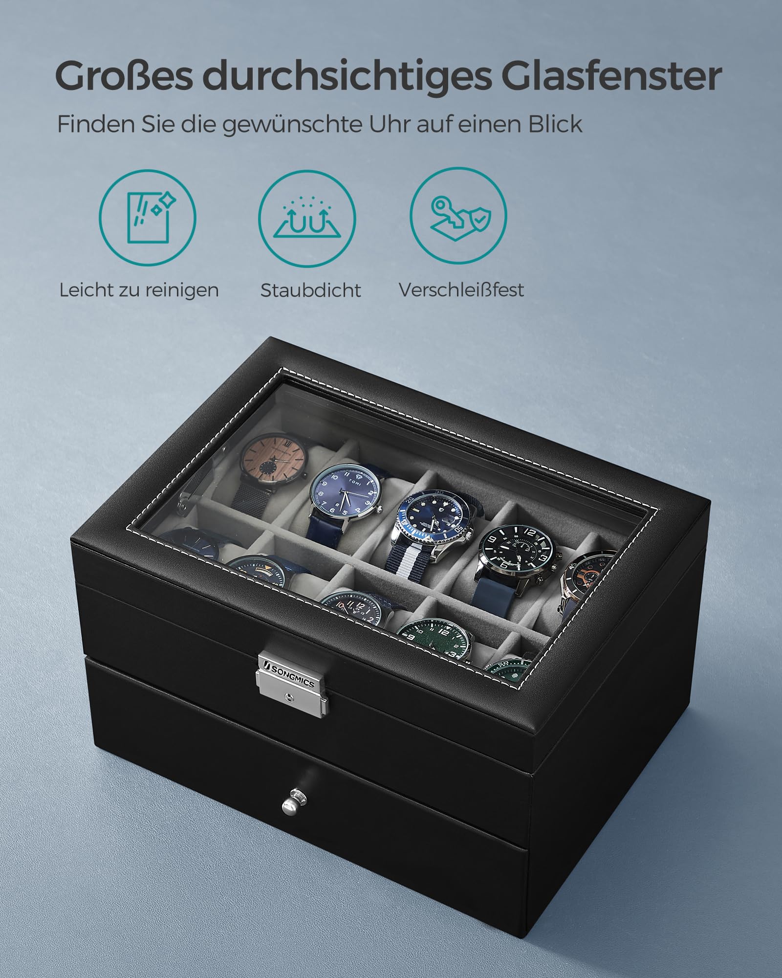 songmics-uhrenbox-jwb020-uhrenkasten-20-f-cher-2-ebenen-schwarz-grau-glasdeckel image 5
