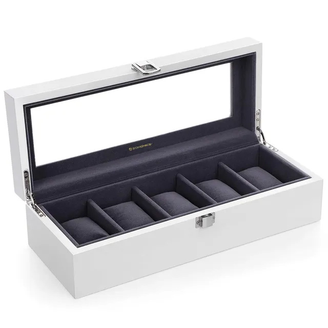 songmics-jow05wt-uhrenbox-holz-5-f-cher-wei-mit-glasdeckel image 1