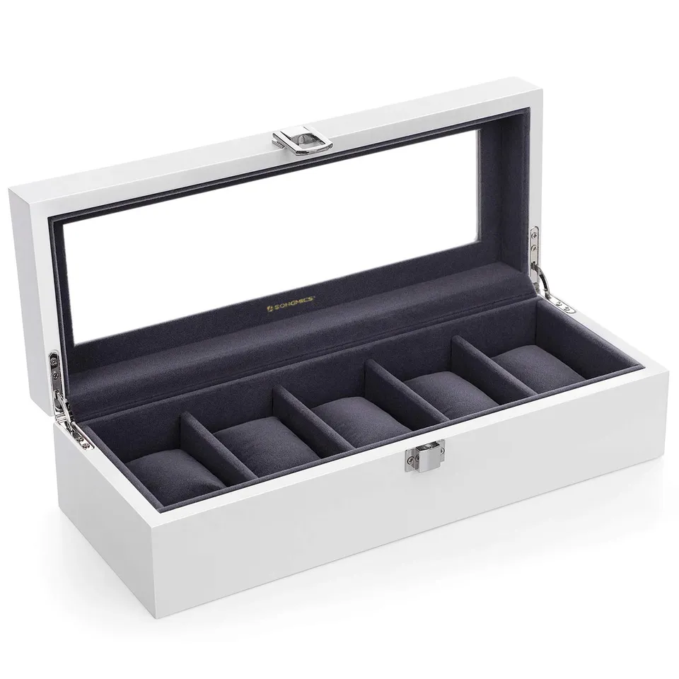 songmics-jow05wt-uhrenbox-holz-5-f-cher-wei-mit-glasdeckel image 1