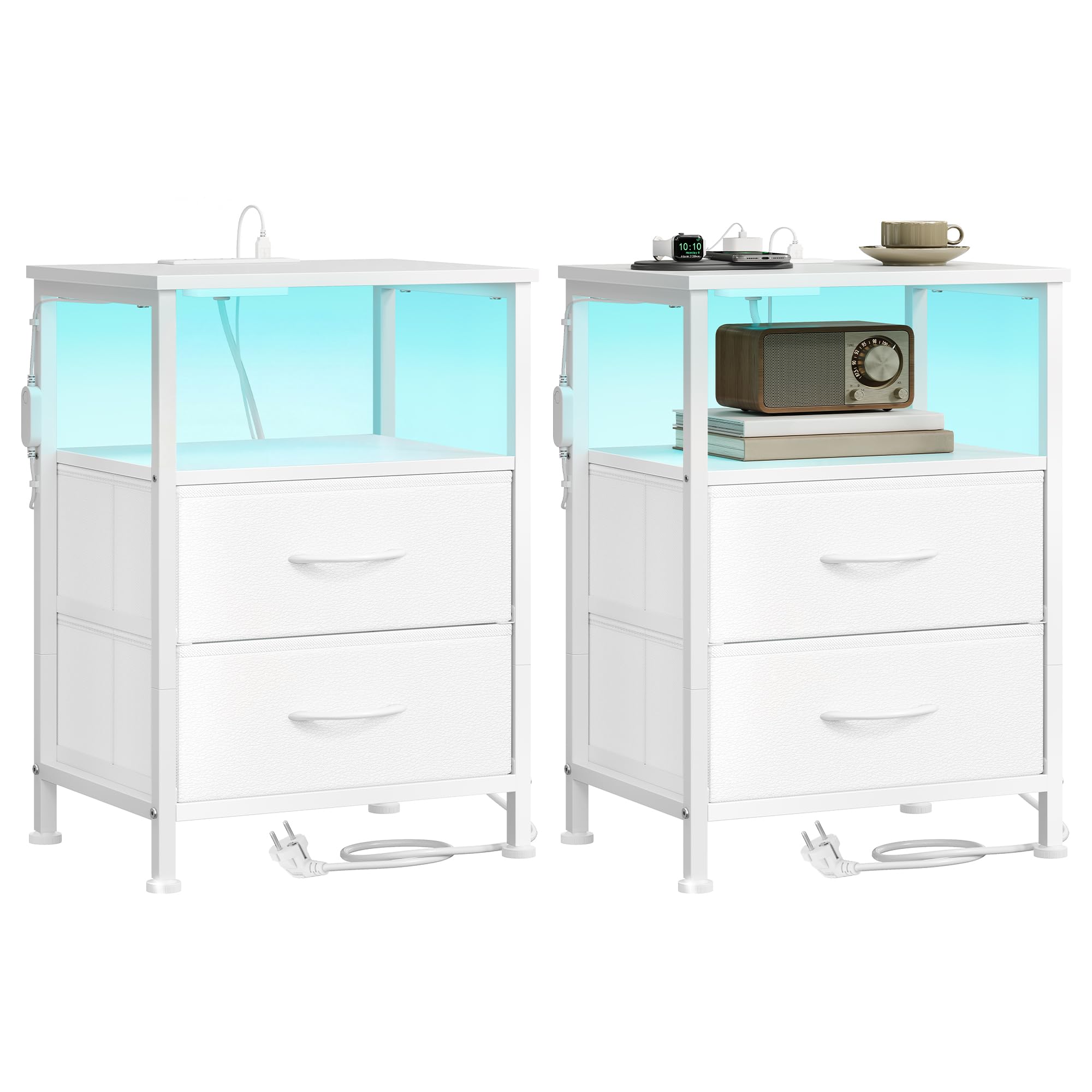 songmics-nachttisch-vintagebraun-schwarz-mit-steckdose-und-led-2-schubladen image 3