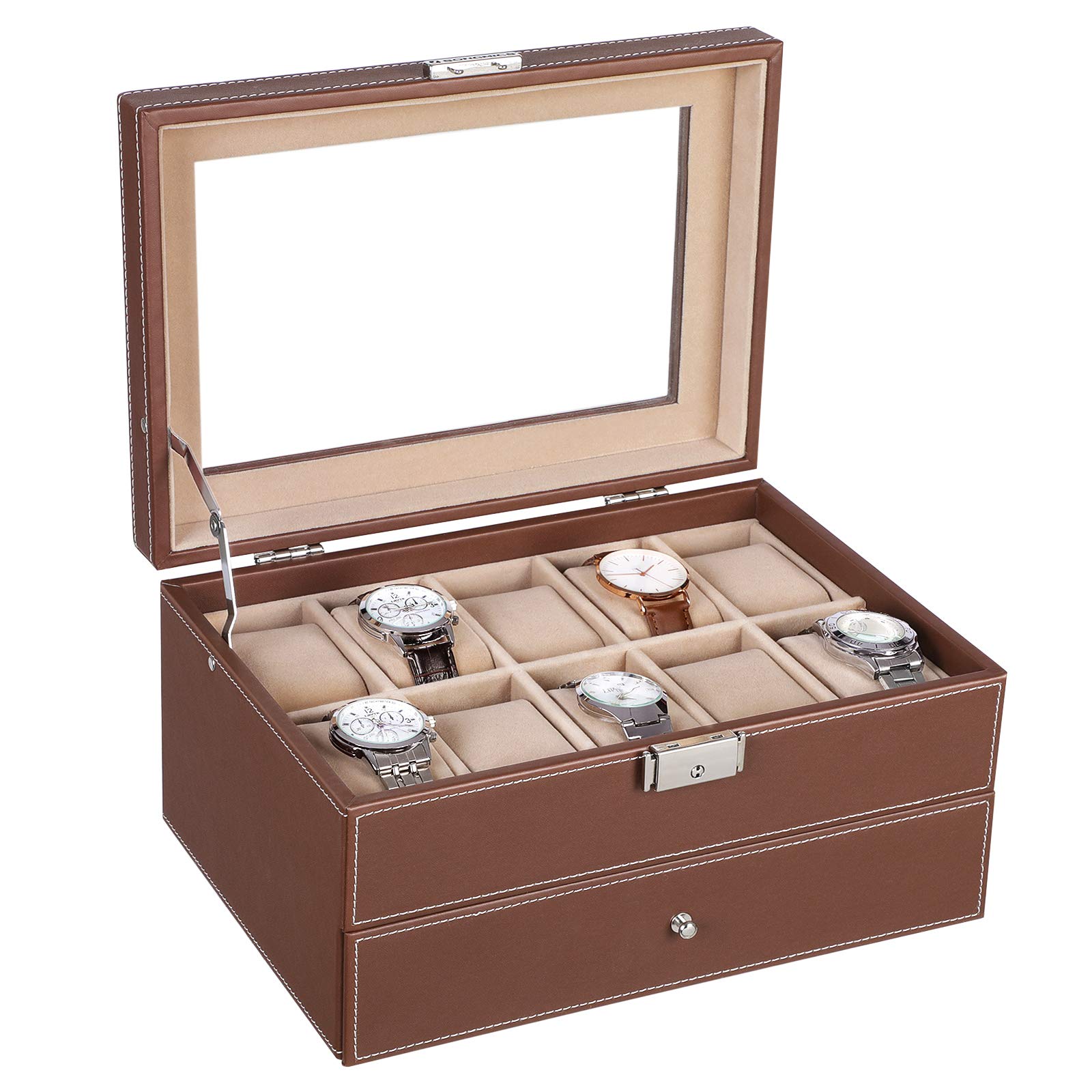 songmics-uhrenbox-f-r-10-uhren-mit-glasdeckel-und-schublade-braun image 3