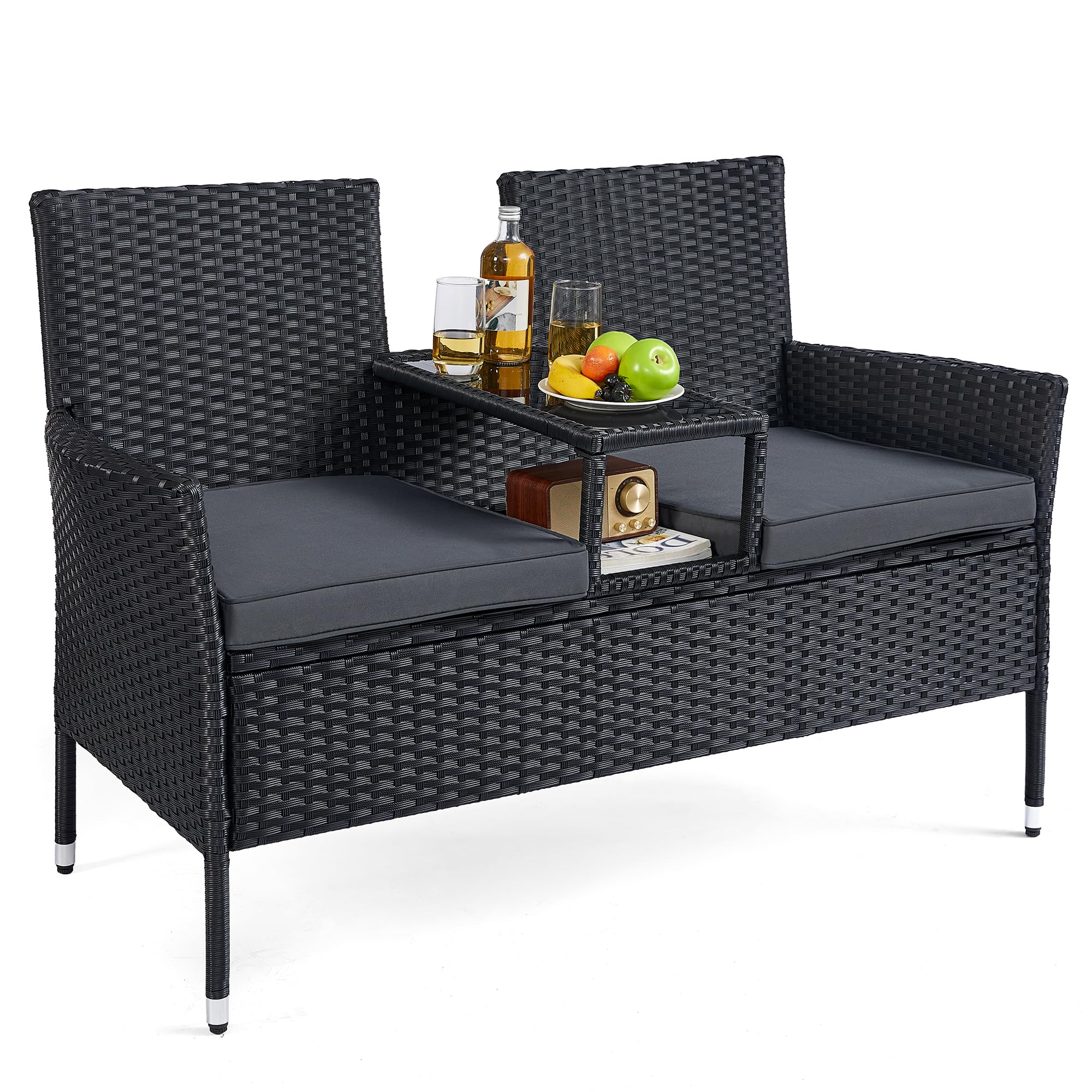 songmics-ggf022b01-balkonsofa-gartenbank-mit-tisch-pe-rattan-schwarz-dunkelgrau image 1