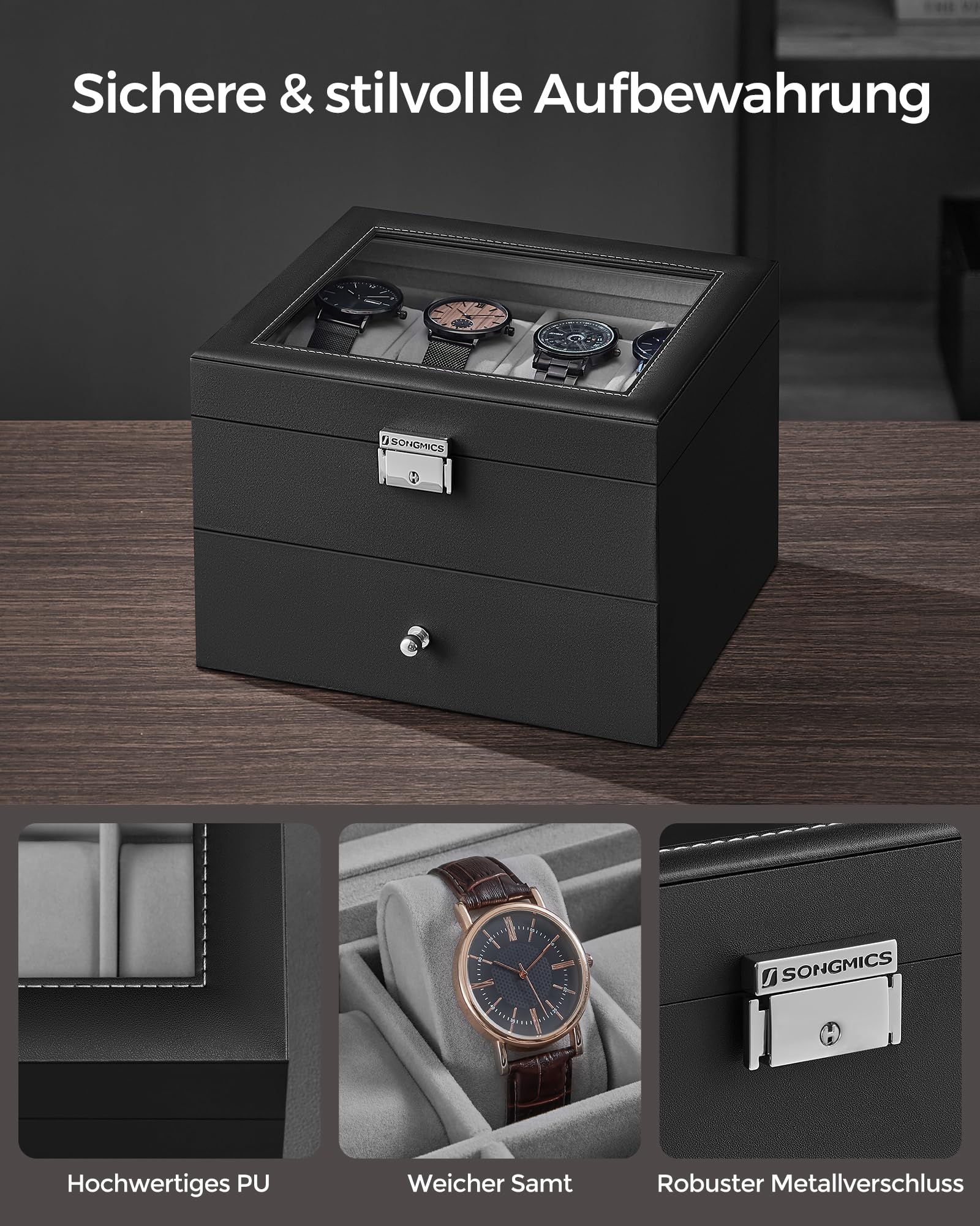 songmics-uhrenbox-jwb016g01-f-r-16-uhren-2-ebenen-glasdeckel-schwarz image 3