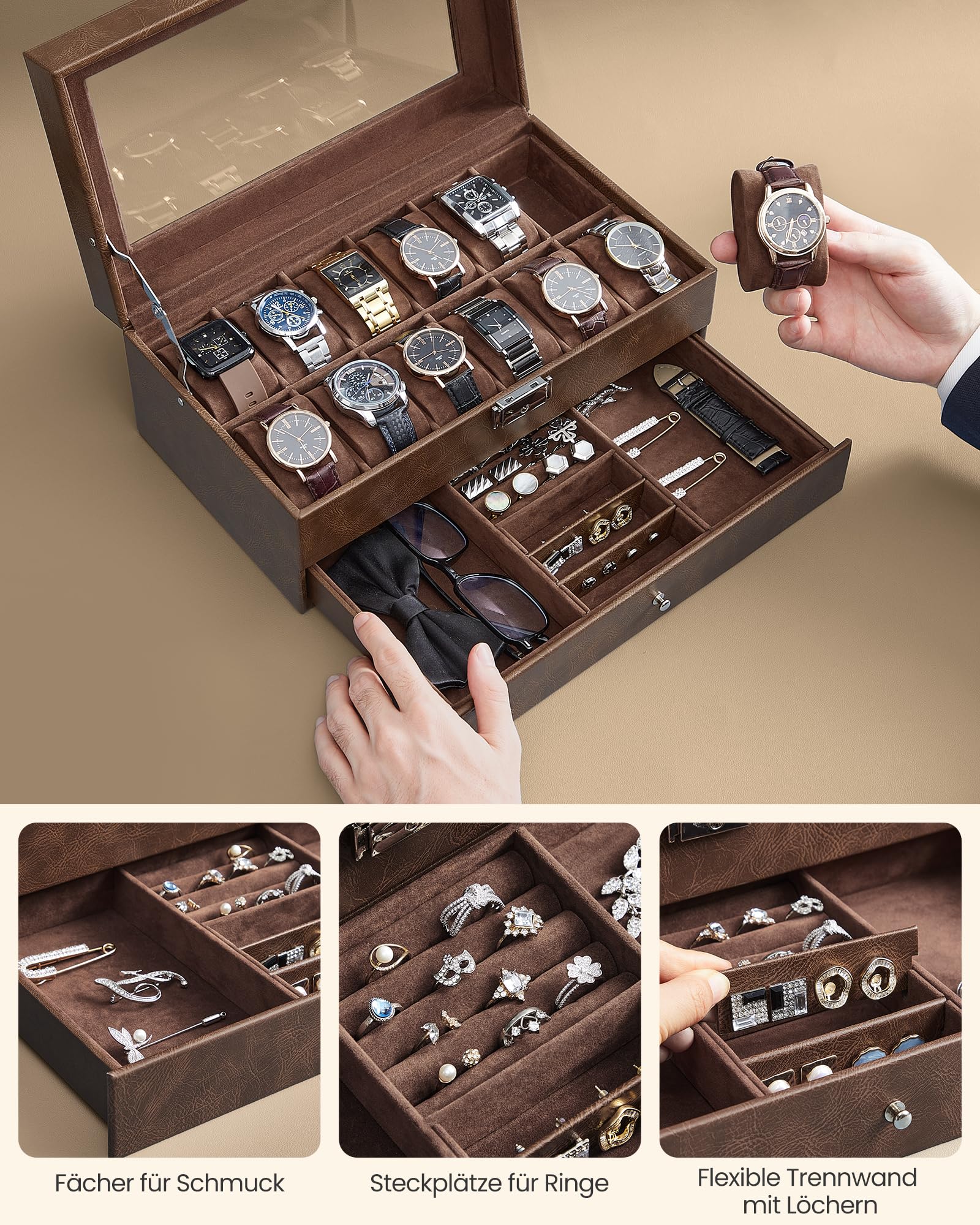 songmics-uhrenbox-jwb012k01-f-r-12-uhren-2-ebenen-mit-glasdeckel-braun image 5