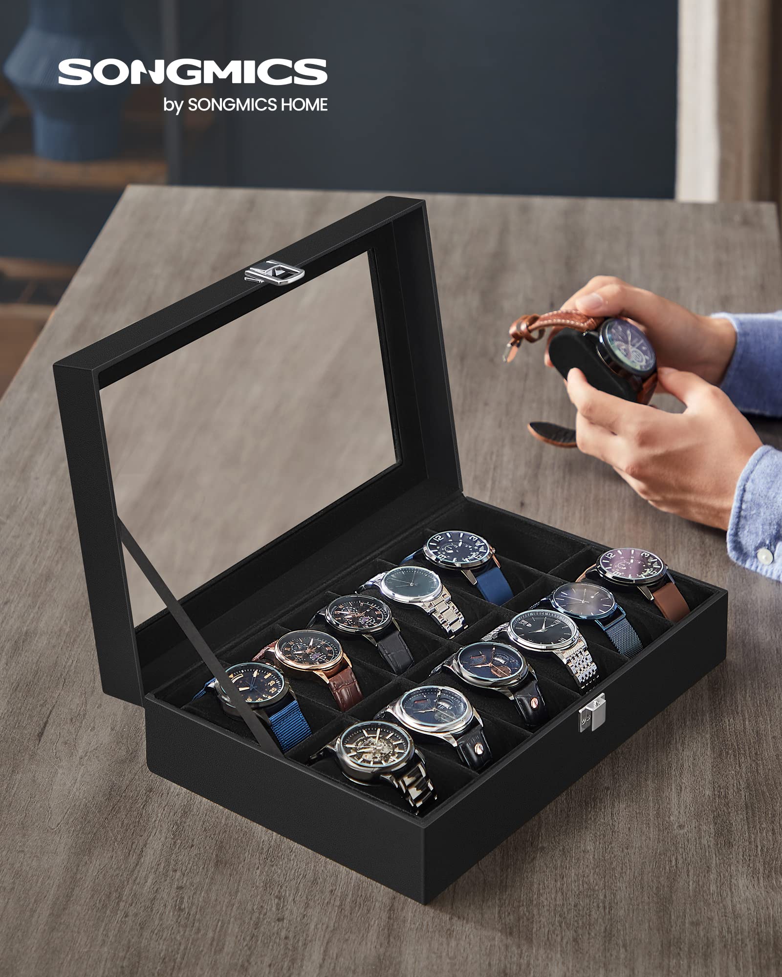 songmics-uhrenbox-12-f-cher-uhrenkasten-mit-glasdeckel-schwarz-jwb12b image 2
