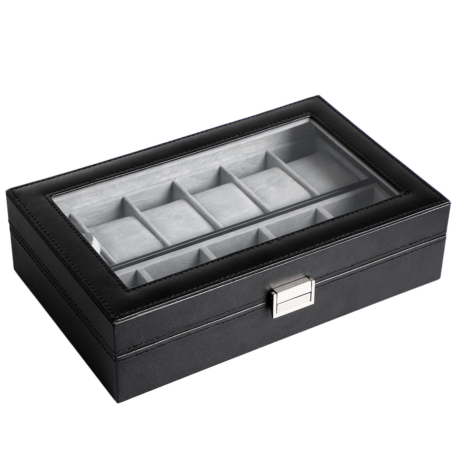 songmics-jwb14bk-uhrenbox-11-f-cher-schwarz-pu-mit-glasfenster image 4