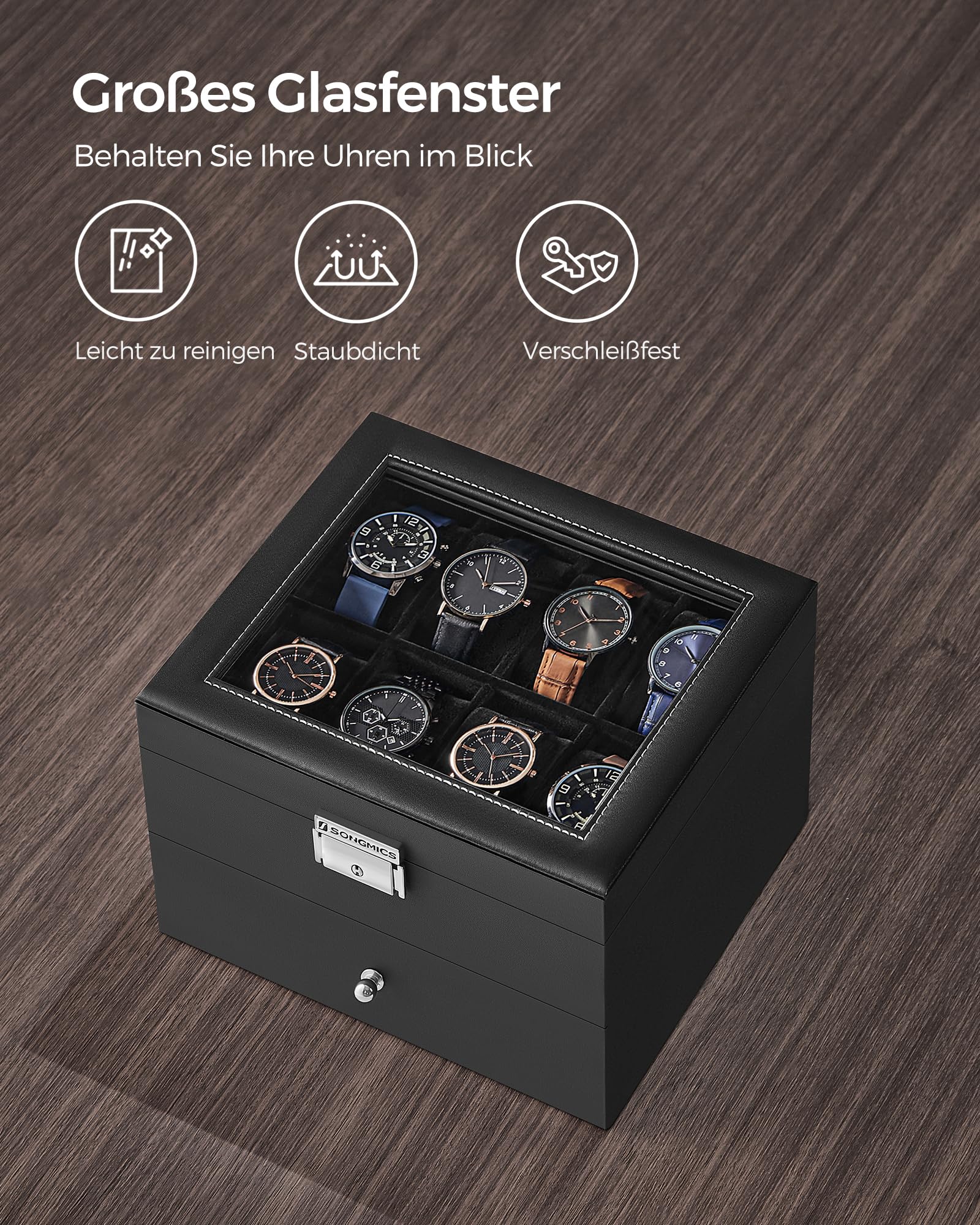 songmics-uhrenbox-2-ebenen-16-f-cher-glasdeckel-schwarz-jwb016b01 image 5