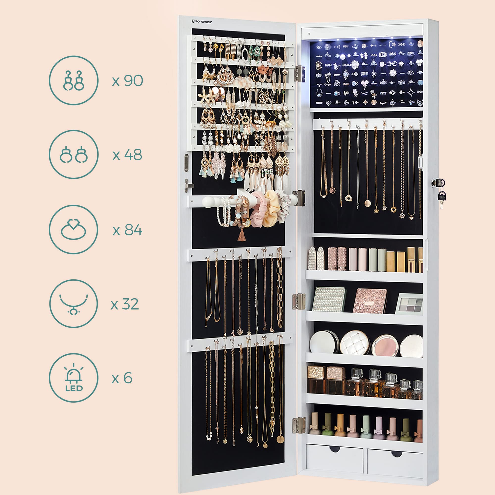 songmics-schmuckschrank-h-ngend-mit-spiegel-6-led-wei-holzmaserung image 5