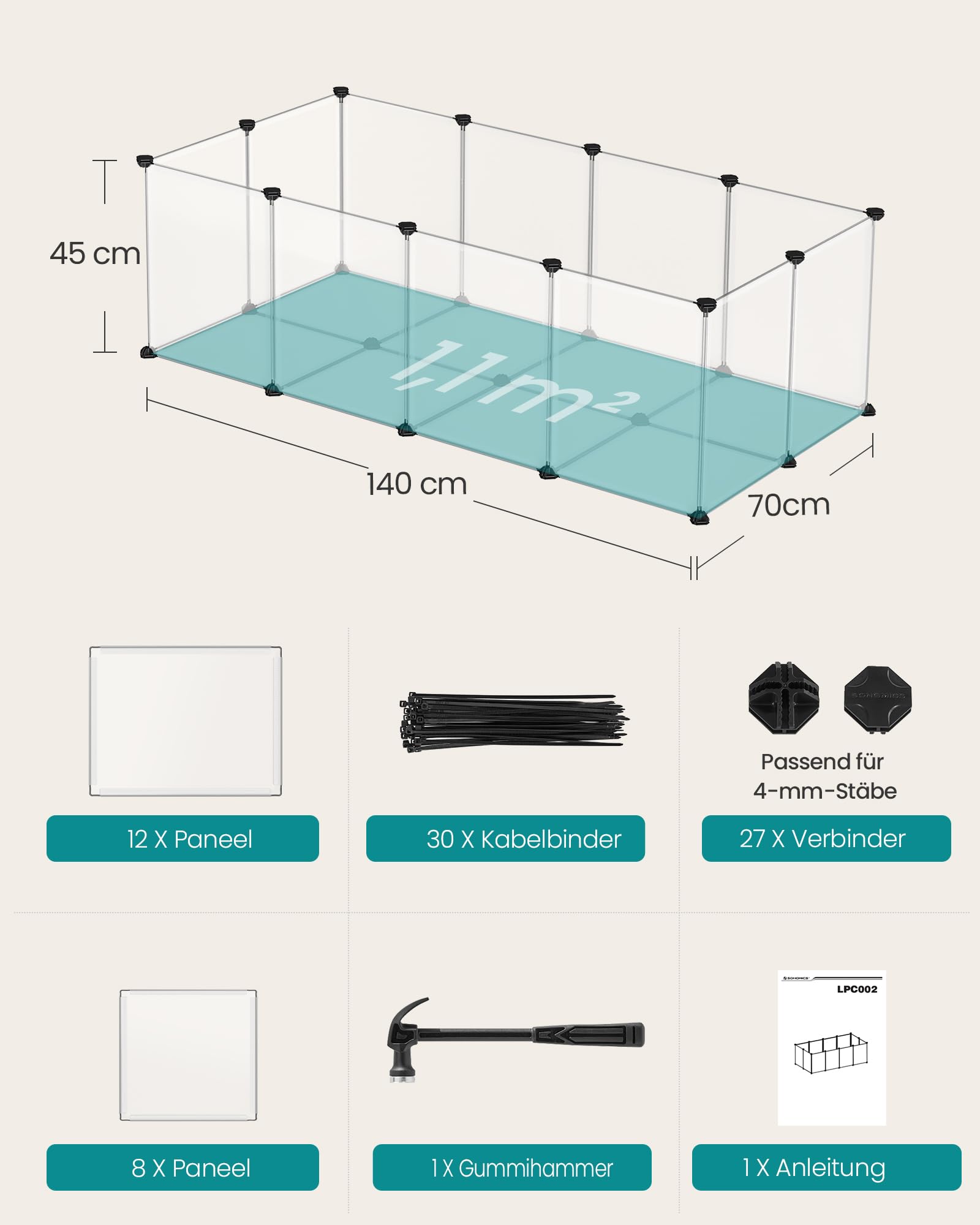 songmics-freigehege-mit-bodenplatten-lpc02w-kleintiergehege-140-x-70-x-45-cm-wei image 6
