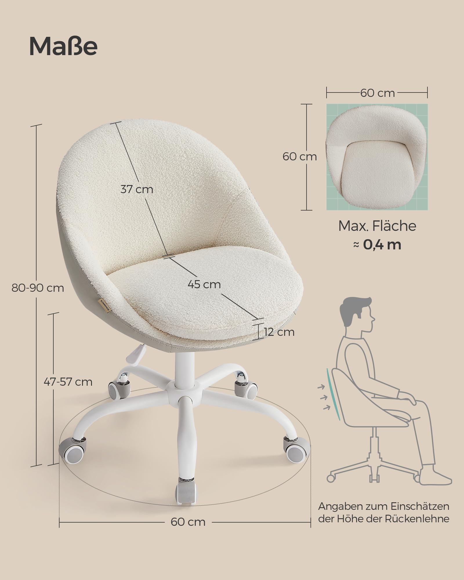 songmics-drehstuhl-sherpa-schminkstuhl-h-henverstellbar-beige-wei-obg020w01 image 2