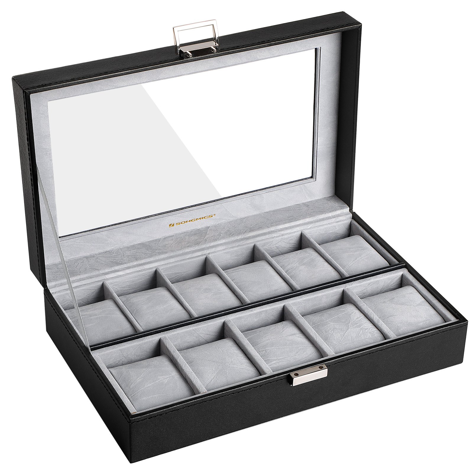 songmics-jwb14bk-uhrenbox-11-f-cher-schwarz-pu-mit-glasfenster image 1