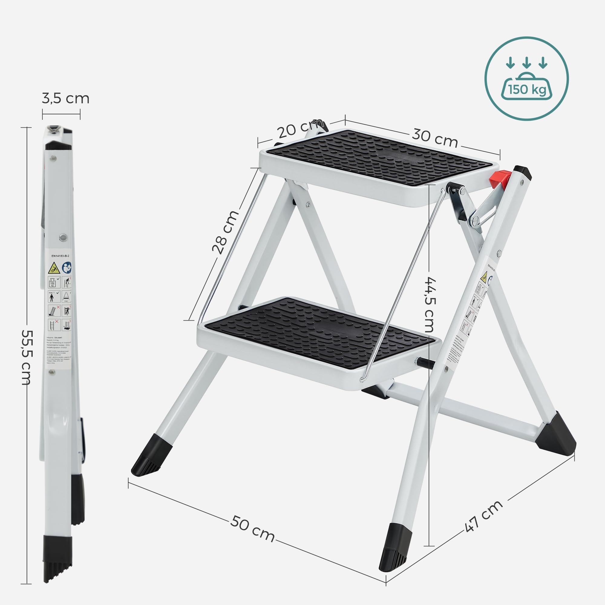 songmics-trittleiter-2-stufen-gsl02wt-stahl-wei-schwarz-150-kg image 4