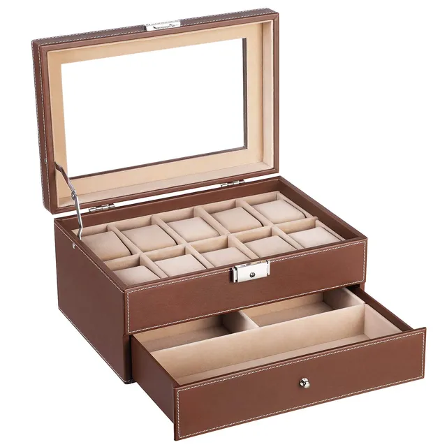 songmics-uhrenbox-f-r-10-uhren-mit-glasdeckel-und-schublade-braun image 1
