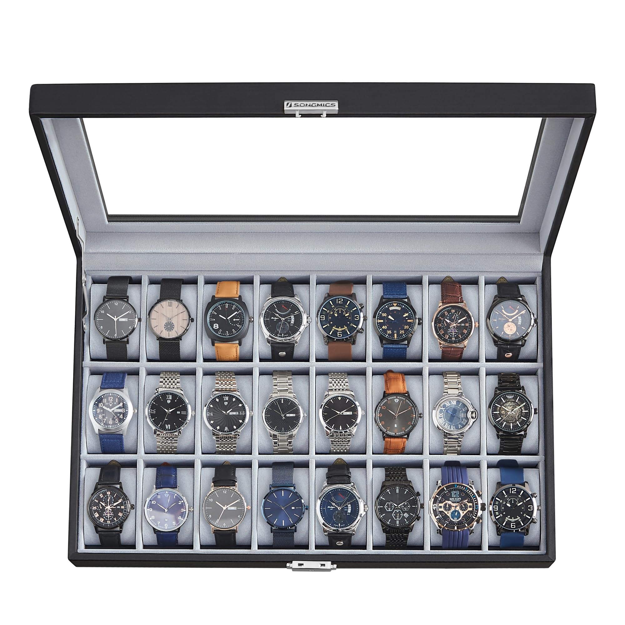 songmics-uhrenbox-jwb020-uhrenkasten-20-f-cher-2-ebenen-schwarz-grau-glasdeckel image 8