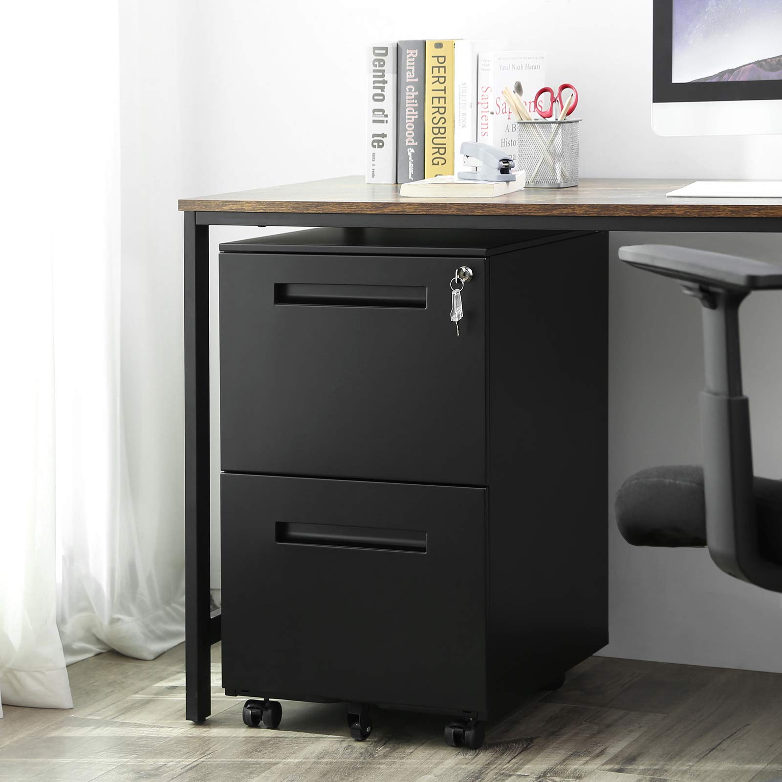 songmics-rollcontainer-ofc52bk-metall-2-schubladen-abschlie-bar-mattschwarz image 2