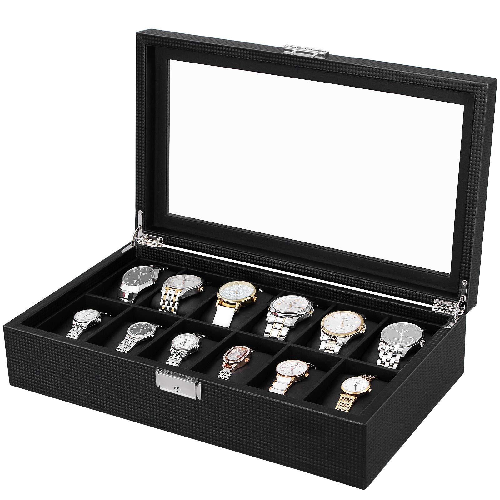 songmics-uhrenbox-12-f-cher-glasdeckel-schwarz-36-2-x-9-x-21-3-cm-jwb302h image 4