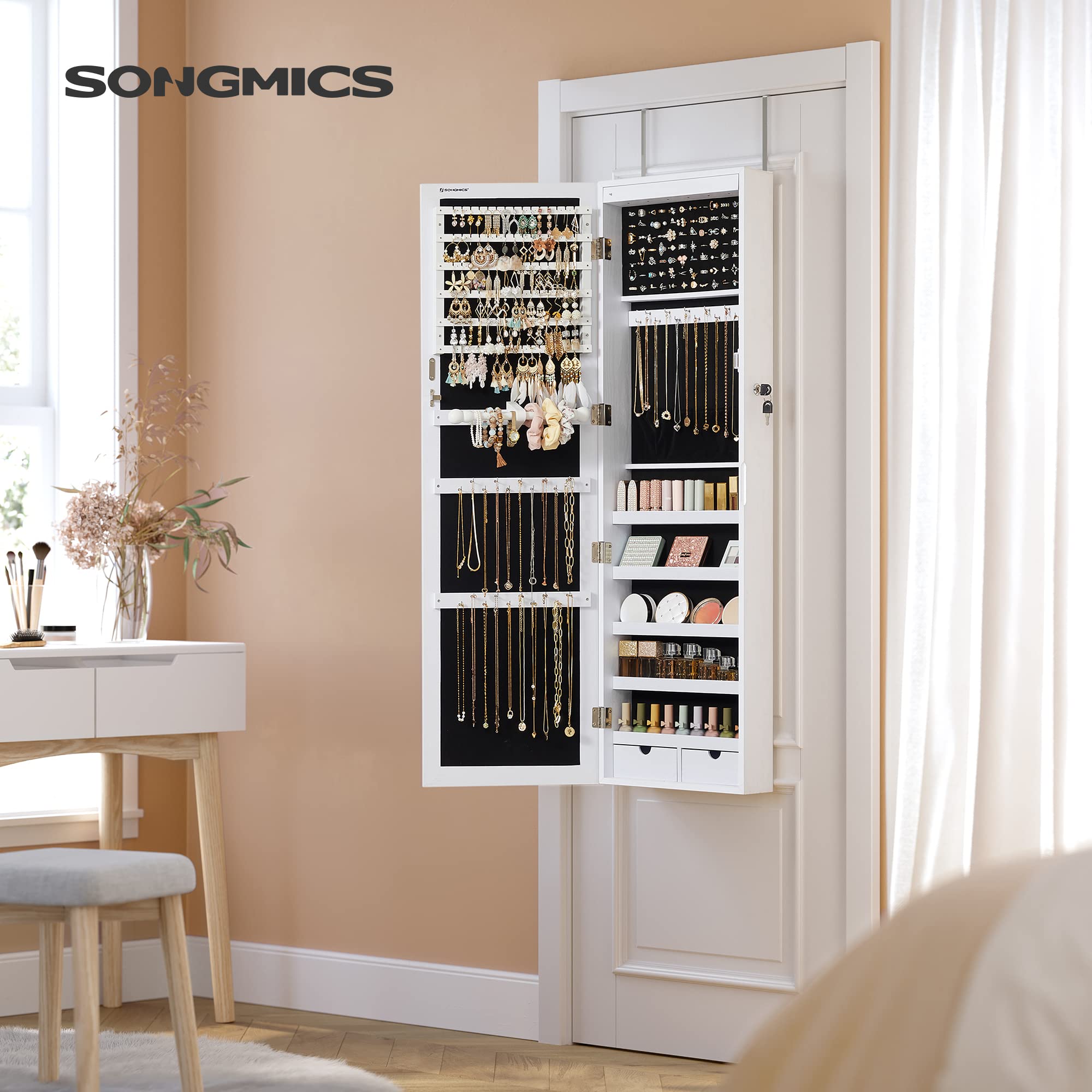 songmics-schmuckschrank-h-ngend-mit-spiegel-6-led-wei-holzmaserung image 2