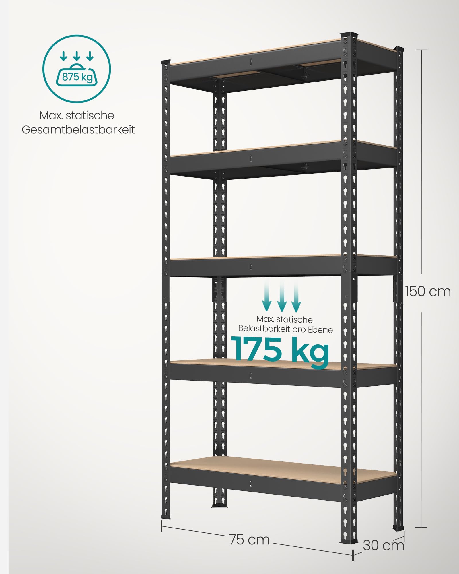 songmics-schwerlastregal-glr300b01-standregal-5-ablagen-30-x-75-x-150-cm-schwarz image 8