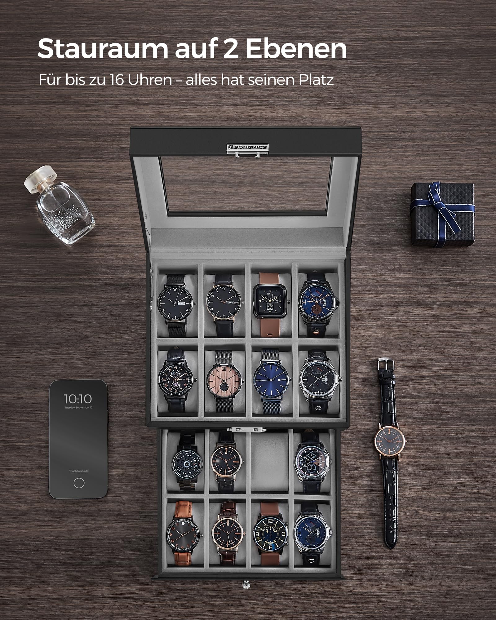 songmics-uhrenbox-jwb016g01-f-r-16-uhren-2-ebenen-glasdeckel-schwarz image 4